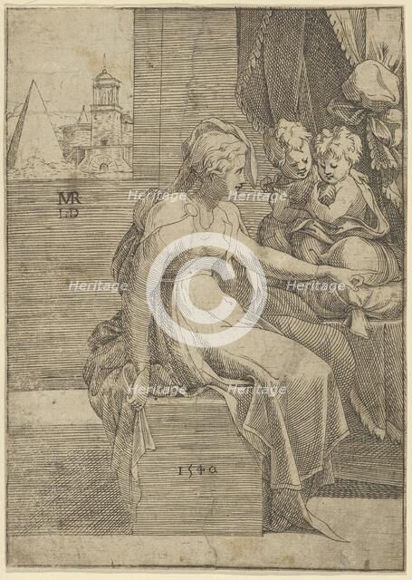 Seated woman with two children (Virgin with Christ and St John the Baptist?), 1540. Creator: Leon Davent.