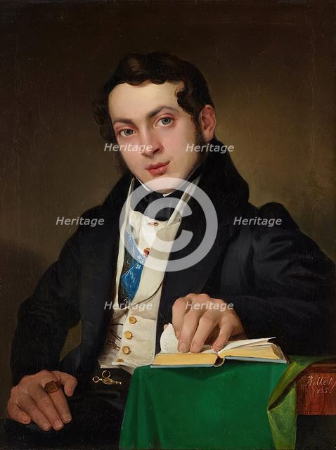 Seated young man in black frock coat, 1835. Creator: Eduard Ritter.