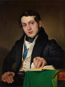 Seated young man in black frock coat, 1835. Creator: Eduard Ritter