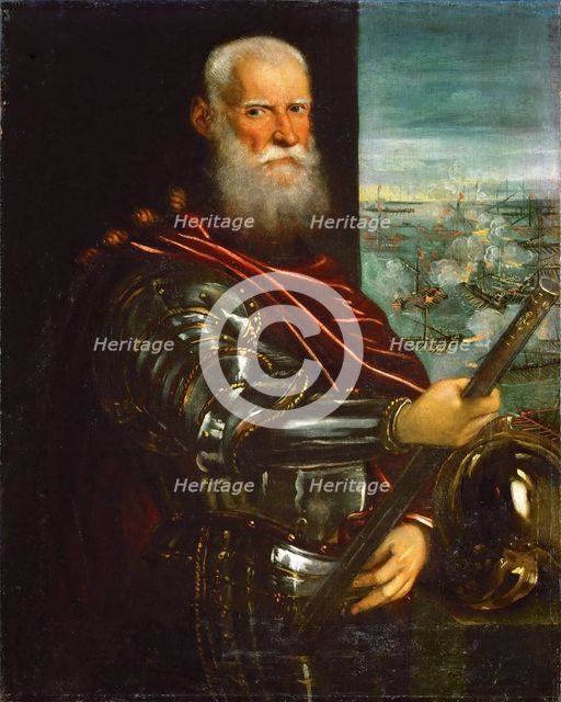 Sebastiano Venier (1496-1578), with the Battle of Lepanto in background.