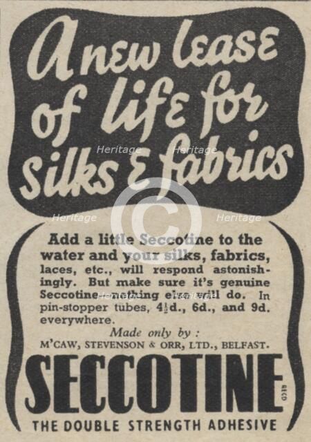Seccotine Fabric Adhesive, 1939. Artist: Unknown