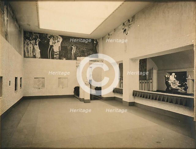 Secession. Main room with the Beethoven frieze by Gustav Klimt and Max Klinger's Beethoven..., 1902. Creator: Unknown photographer.