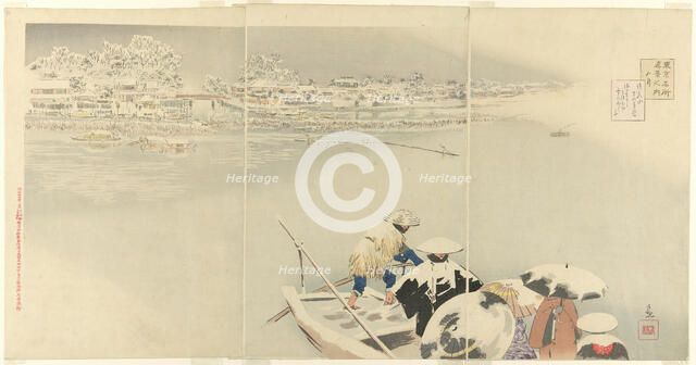 Second Month: Matsuchi Hill in Snow at Dusk (Kisaragi, Matsuchiyama yuki no tasogare), fro..., 1896. Creator: Kobayashi Kiyochika.