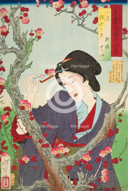 Second Month: Tei of Shinbashi by a Plum Tree at Umeyashiki, 1880. Creator: Tsukioka Yoshitoshi.