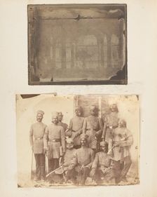 Second Attempt to Photograph Our Room at Delhi; Loyal Naluc officers taken at Umballa, 1850s. Creator: Unknown