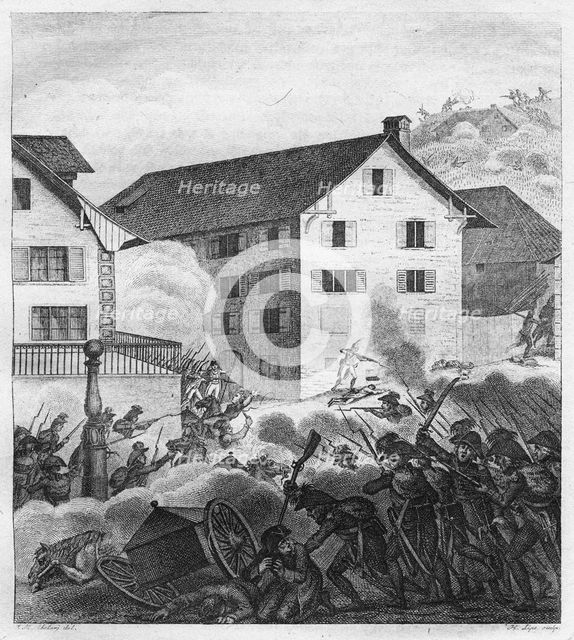 Second Battle of Zurich, Fighting scene at the Central, 1799. Artist: Anonymous  