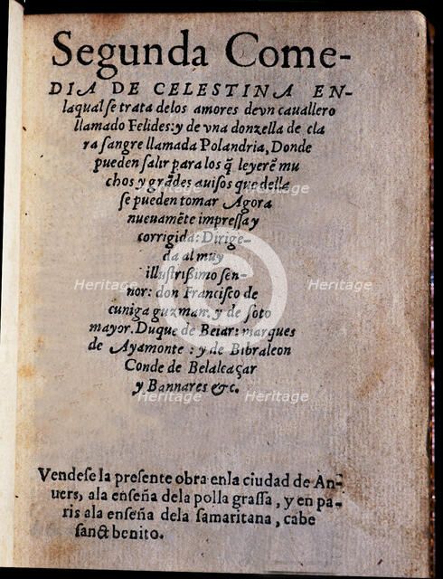 Second Comedy of 'Celestina' by Feliciano de Silva, cover of the printed edition in 1550.