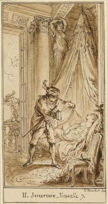 Second Day, Seventh Story: The Duke of Athens Contemplating the Sleeping Princess..., c. 1757. Creator: Hubert Francois Gravelot