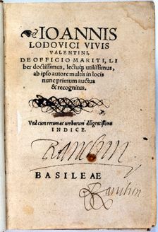 Second edition copy of De Officio Mariti de Institutione Foeminae Christianae 1538. Creator: Vives i March, Joan Lluís (1492-1540)