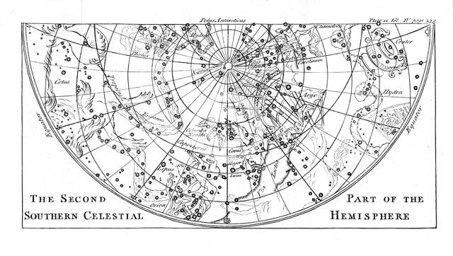 Second part of the star chart of the Southern Celestial Hemisphere showing constellations, 1747. Artist: Unknown