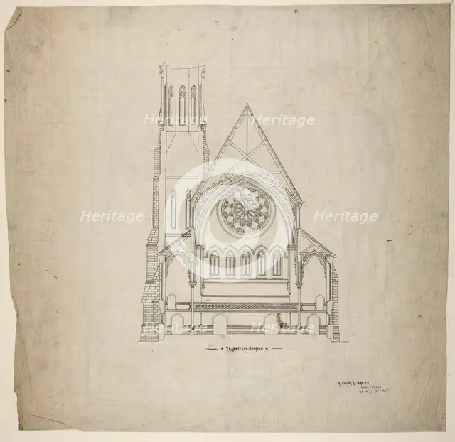 Second Presbyterian Church, Chicago, Illinois, Transverse Section, 1874. Creator: Renwick & Sands.