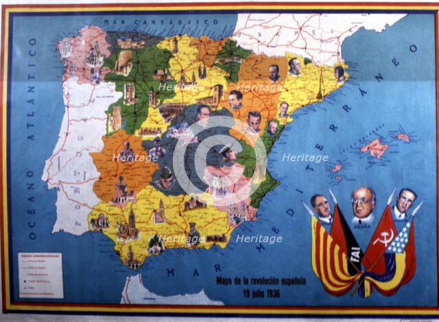 Second Republic. (1931-1939), map of the Spanish revolution on July 19, 1936.