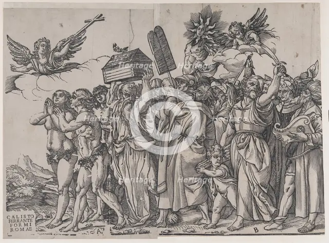 Section A: an angel holding a cross at upper left, Adam and Eve below, from The Triumph of..., 1836. Creator: Andrea Andreani.