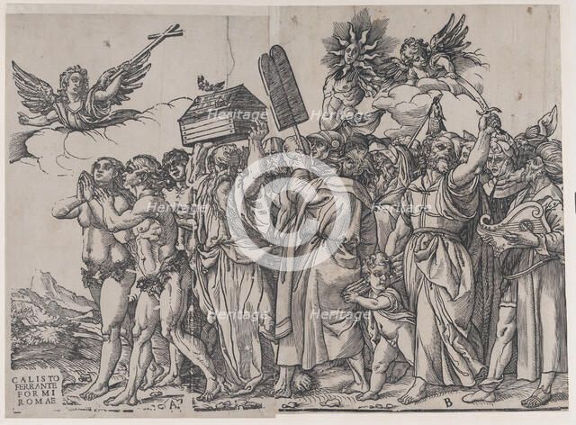 Section A: an angel holding a cross at upper left, Adam and Eve below, from The Triumph of..., 1836. Creator: Andrea Andreani.