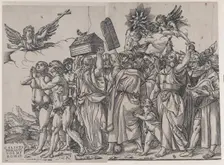 Section A: an angel holding a cross at upper left, Adam and Eve below, from The Triumph of..., 1836. Creator: Andrea Andreani