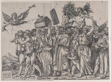 Section A: an angel holding a cross at upper left, Adam and Eve below, from The Triumph of..., 1836. Creator: Andrea Andreani