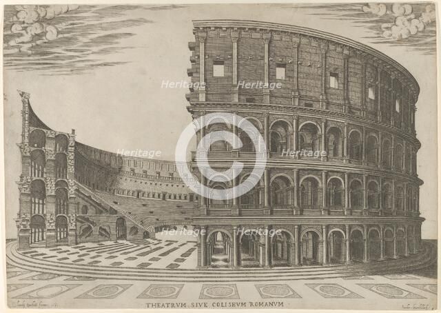 Section and elevation of the Colosseum in Rome, 1581. Creator: Giovanni Ambrogio Brambilla.