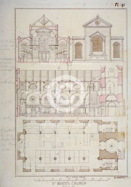 Section, elevation and ground plan of St Bride's Church, Fleet Street, City of London, 1840. Artist: H Ansted