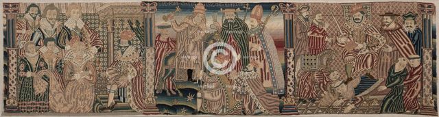 Section of an Embroidered Frieze: Ahasuerus and Esther, The Pope Chiding the Emperor…, 1625-1649. Creator: Unknown.