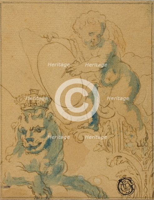 Section of Ceiling Decoration with Cupid with Scroll and Lion with Crown, n.d. Creator: Unknown.