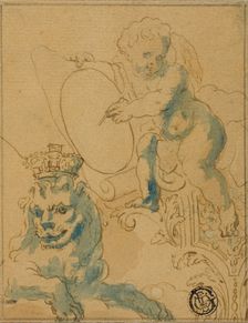 Section of Ceiling Decoration with Cupid with Scroll and Lion with Crown, n.d. Creator: Unknown