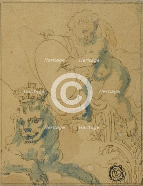 Section of Ceiling Decoration with Cupid with Scroll and Lion with Crown, n.d. Creator: Unknown.