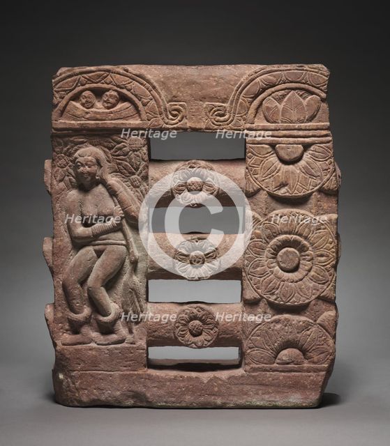 Section of Monolithic Railing with Bather and Lotus Medallions, c. 150-250. Creator: Unknown.