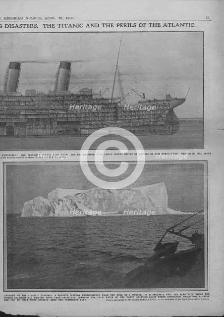 Sectional diagram of the 'Titanic', and iceberg, April 20, 1912. Creator: Unknown.