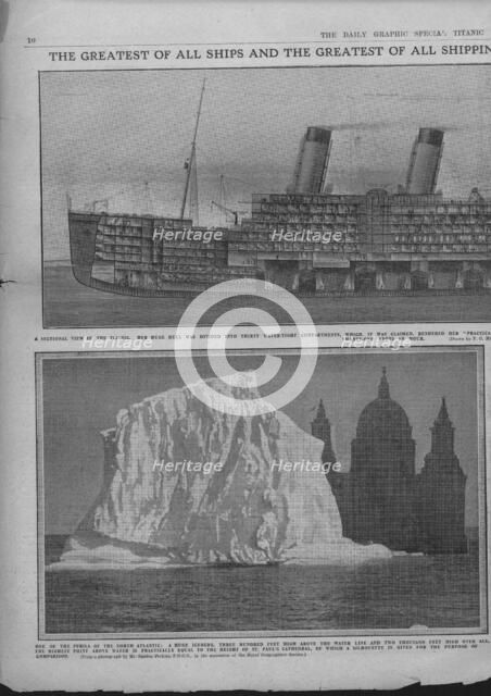 Sectional diagram of the 'Titanic', and iceberg, April 20, 1912. Creator: Unknown.