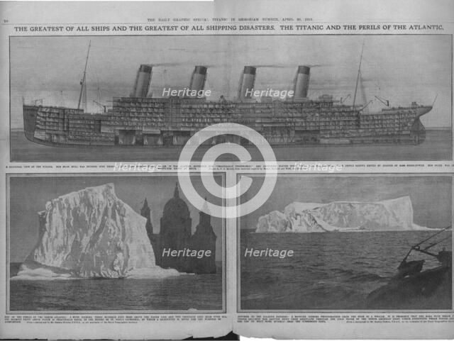 Sectional diagram of the 'Titanic', and icebergs, April 20, 1912. Creator: Unknown.