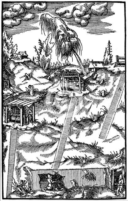 Sectional view of a German mine, 1556. Artist: Unknown