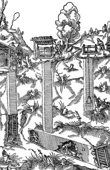 Sectional view of a mine showing shafts and galleries, 1556