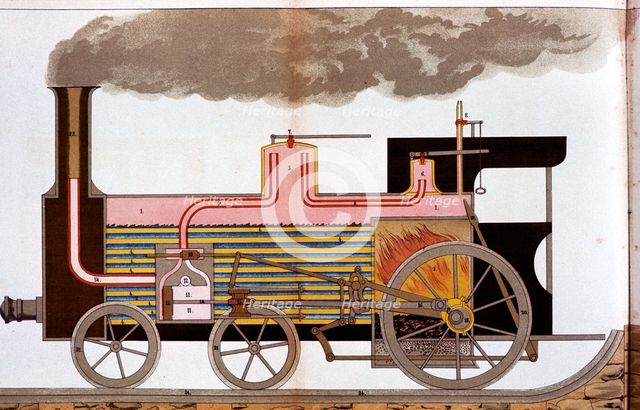 Sectional view of a mid-19th century steam railway locomotive, 1882. Creator: Unknown.