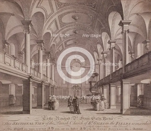 Sectional view of St Giles in the Fields, Holborn, London, 1753. Artist: Anthony Walker