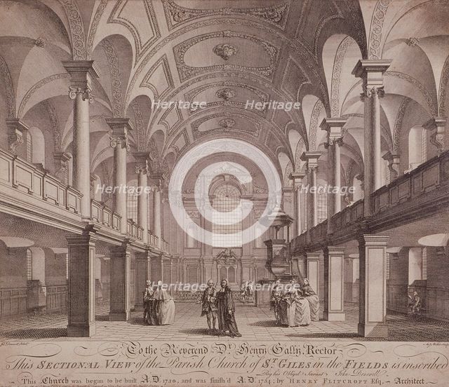 Sectional view of St Giles in the Fields, Holborn, London, 1753. Artist: Anthony Walker