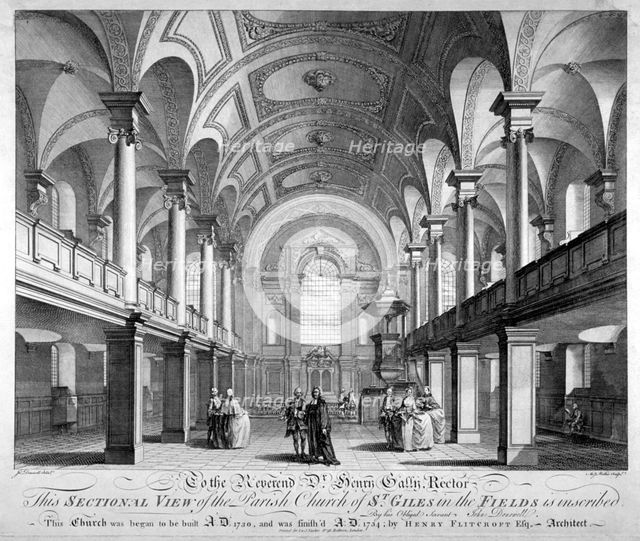 Sectional view of the Church of St Giles in the Fields, Holborn, London, 1753. Artist: Anthony Walker