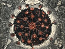 Sectional view of the Earth, showing central fire and volcanoes, 1665. Creator: Unknown