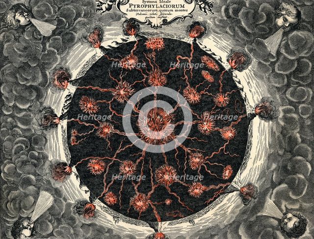 Sectional view of the Earth, showing central fire and volcanoes, 1665. Creator: Unknown.