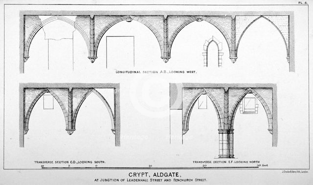 Sectional views of St Michael's Crypt, Aldgate Street, London, c1830(?). Artist: J Emslie & Sons