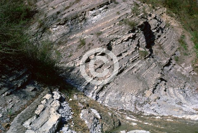 Sedimentary rocks showing their strata. Artist: Unknown
