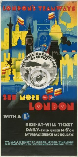 'See More of London with a Shilling', London County Council (LCC) Tramways poster, 1933. Artist: Ralph & Brown Studios