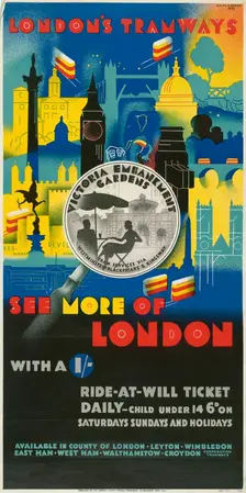 See More of London with a Shilling London County Council (LCC) Tramways poster, 1933. Artist: Ralph & Brown Studios