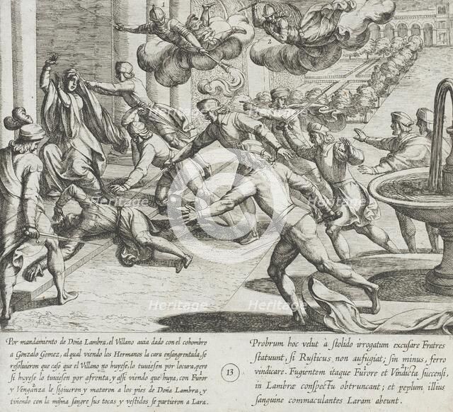 Seeing Blood on Their Brother's Face, the Infantes Slay the Villager, 1612. Creator: Antonio Tempesta.