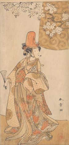 Segawa Tomisaburo in the Role of Musume Dojoji in "Hanagatami Kazaori Eboshi", February 1774. Creator: Shunsho