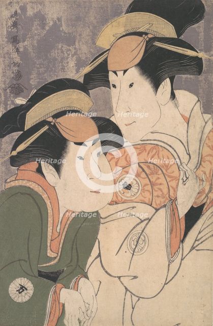 Segawa Tomisaburo II and Nakamura Manyo as Yadorigi and Her Maid Wakakusa in the Play "Han..., 1794. Creator: Tôshûsai Sharaku.