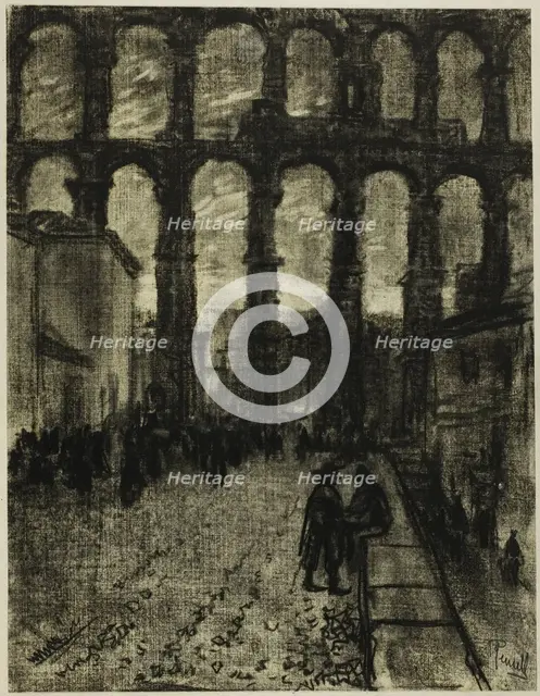Segovia, The Aqueduct from Market, c. 1903. Creator: Joseph J Pennell.