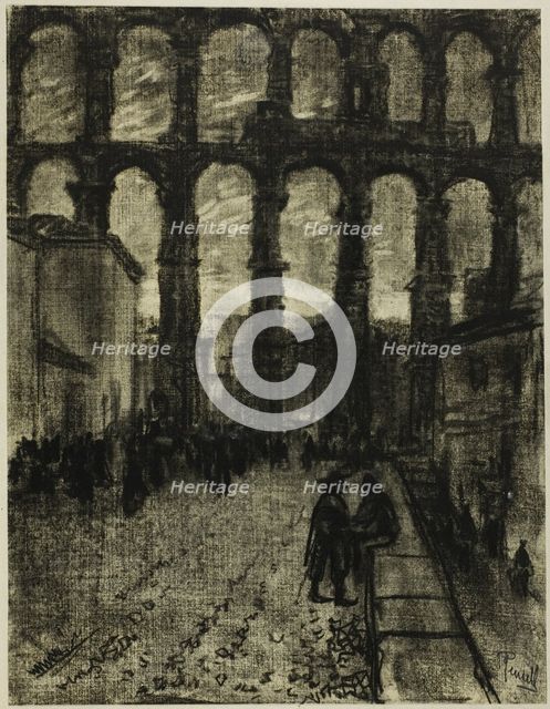 Segovia, The Aqueduct from Market, c. 1903. Creator: Joseph J Pennell.