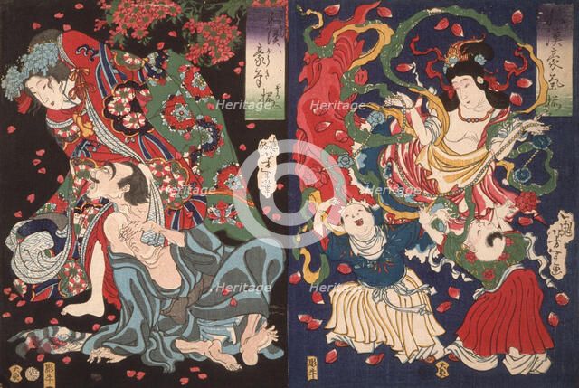 Seigen and Sakurahime; Angel with Two Children, 1868. Creator: Tsukioka Yoshitoshi.