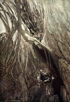 Seize the despoiler! Rescue the gold! Help us! Help us! Woe! Woe! 1910. Creator: Arthur Rackham