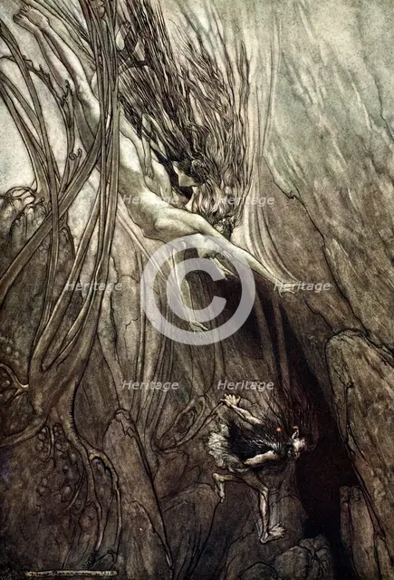 'Seize the despoiler! Rescue the gold! Help us! Help us! Woe! Woe!', 1910.  Creator: Arthur Rackham.